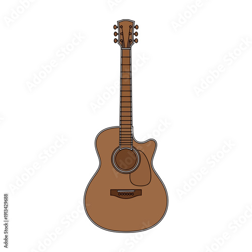 A classic brown acoustic guitar illustration, perfect for music-related designs, featuring a stringed instrument for songs, melodies, and sound production