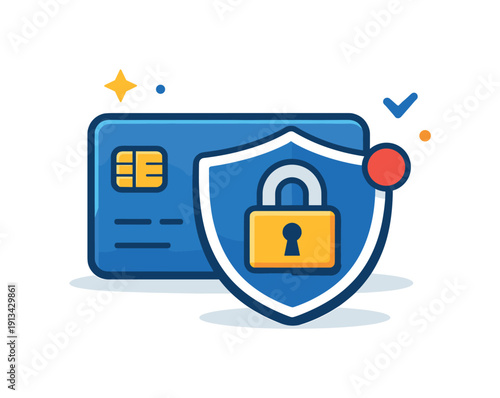 Digital financial security and fraud prevention in everyday online activity focused on protecting personal assets, a credit card shielded by a lock and subtle alert dot as a