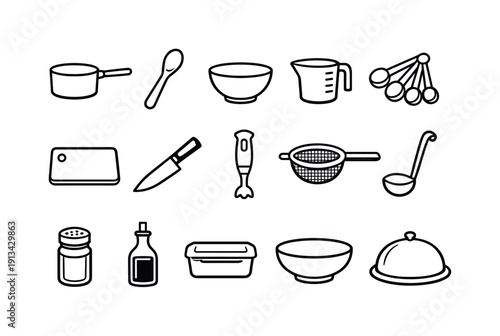 Home pasta sauce cooking tools: saucepan, wooden spoon, mixing bowl, measuring cup, measuring spoon, cutting board, chef knife, immersion blender, strainer, ladle, spice jar, oil