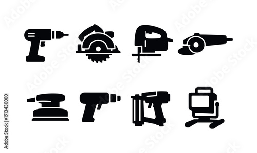 Home power tools: electric drill, circular saw, jigsaw, angle grinder, power sander, heat gun, nail gun, work light.