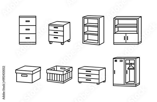 Professional office filing furniture: filing cabinet, mobile pedestal, bookshelf, storage shelf, document box, archive crate, drawer unit, coat locker.