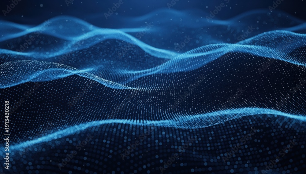 Fototapeta premium Abstract Data Flow: A captivating digital depiction of flowing data, with a mesh-like texture, forming undulating waves across a dark, ethereal backdrop.