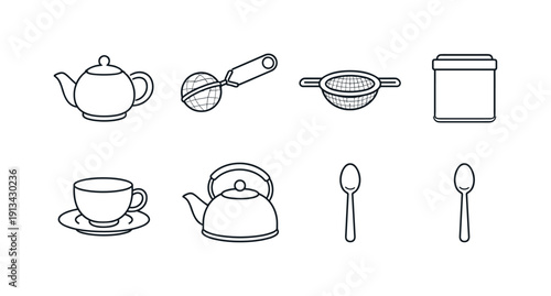 Kitchen tea accessories: teapot, tea infuser, tea strainer, tea tin, teacup, saucer, kettle, teaspoon.