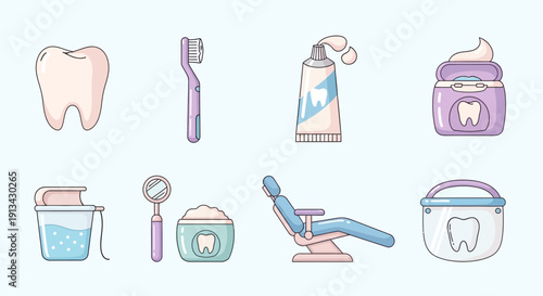 A collection of dental hygiene and dental care items, including a tooth, toothbrush, toothpaste, dental floss, mouthwash, dental mirror, dental chair, and face shield.