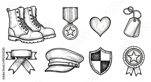 A collection of hand-drawn sketch icons representing military and patriotic themes, including boots, medals, a heart, dog tags, a ribbon, a cap, a shield, and a rosette.