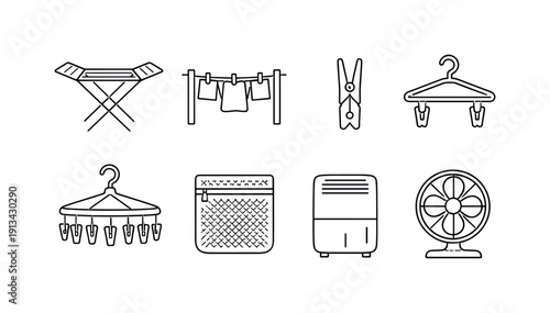Home laundry drying items: drying rack, clothesline, clothespin, hanger clip, drying hanger, mesh laundry bag, dehumidifier, fan.