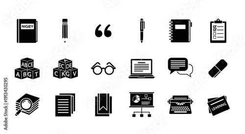 A collection of black and white icons representing various tools and concepts related to education, writing, and learning.
