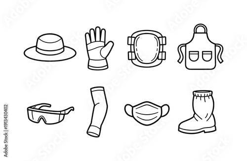 Outdoor gardening protection gear: sun hat, gardening glove, knee pad, apron, safety glasses, arm sleeve, face mask, boot cover.