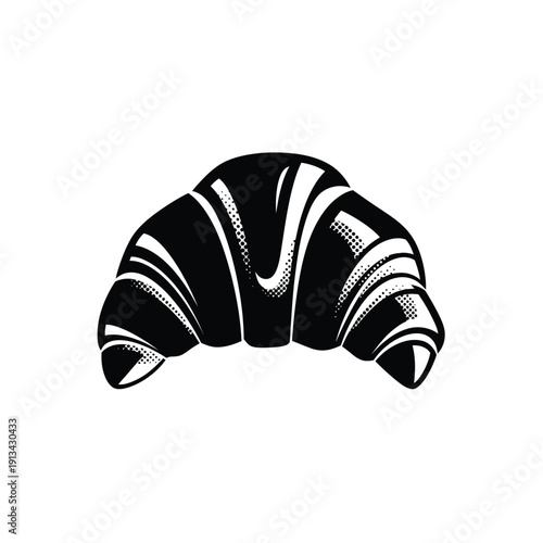 Black and white croissant vector logo icon with halftone shading and modern style