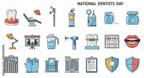 Collection of dental care icons and illustrations for National Dentists Day.