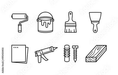 Home repair materials: paint roller, paint bucket, paintbrush, putty knife, sandpaper sheet, caulking gun, wall plug, wood plank.