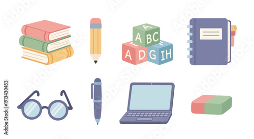 A collection of school and office supplies, including books, a pencil, alphabet blocks, a notebook, glasses, a pen, a laptop, and an eraser.