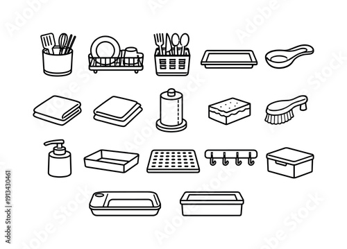 Home kitchen utensil drying set: utensil holder, drying rack, cutlery basket, drip tray, spoon rest, dish towel, microfiber cloth, paper towel roll, sponge, scrub brush, soap