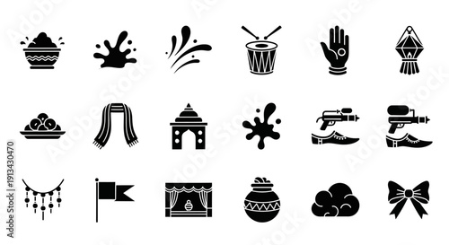 Collection of black and white icons representing various elements associated with Indian festivals and celebrations, including colors, music, and traditional symbols.