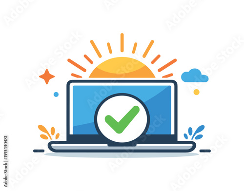 Intentional morning focus and productivity activation centered on easing into work with clarity and purpose, a rising sun behind a laptop and a single checkmark as a metaphor for