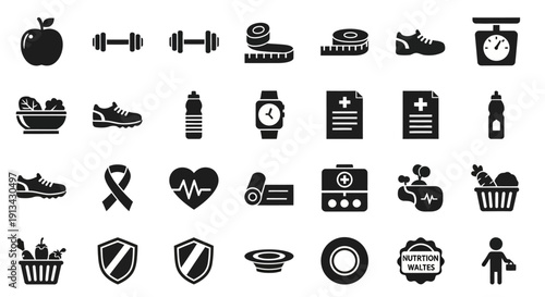A comprehensive collection of black and white icons representing health, fitness, nutrition, and medical care, suitable for digital and print design.