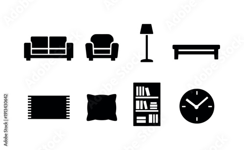 Home living room decor: sofa, armchair, coffee table, floor lamp, rug, throw pillow, bookshelf, wall clock.