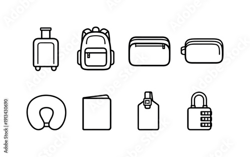 Travel carry-on accessories: carry-on suitcase, travel backpack, packing cube, toiletry pouch, neck pillow, passport holder, luggage tag, travel lock.