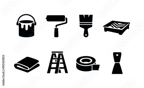 Home painting supplies: paint bucket, paint roller, paintbrush, paint tray, drop cloth, ladder, masking tape roll, scraper.