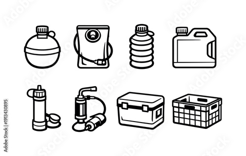 Outdoor camping water gear: water canteen, hydration bladder, collapsible bottle, water jug, water filter, pump purifier, insulated cooler, storage crate.