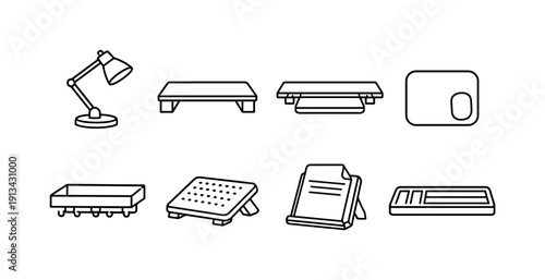 Professional office desk accessories: desk lamp, monitor stand, keyboard tray, mouse pad, cable tray, footrest, document holder, pen tray.