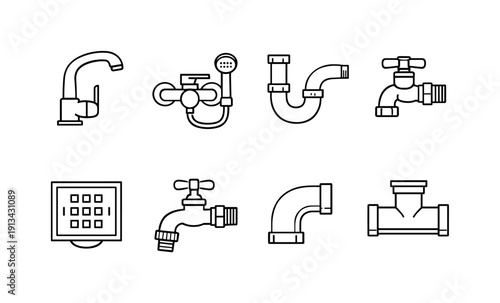 Home plumbing fixtures: sink faucet, shower mixer, drain trap, angle valve, floor drain, hose bib, pipe elbow, pipe tee.
