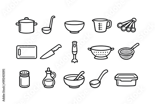 Home soup cooking tools: stock pot, ladle, mixing bowl, measuring cup, measuring spoon, cutting board, chef knife, immersion blender, colander, strainer, spice jar, oil bottle,
