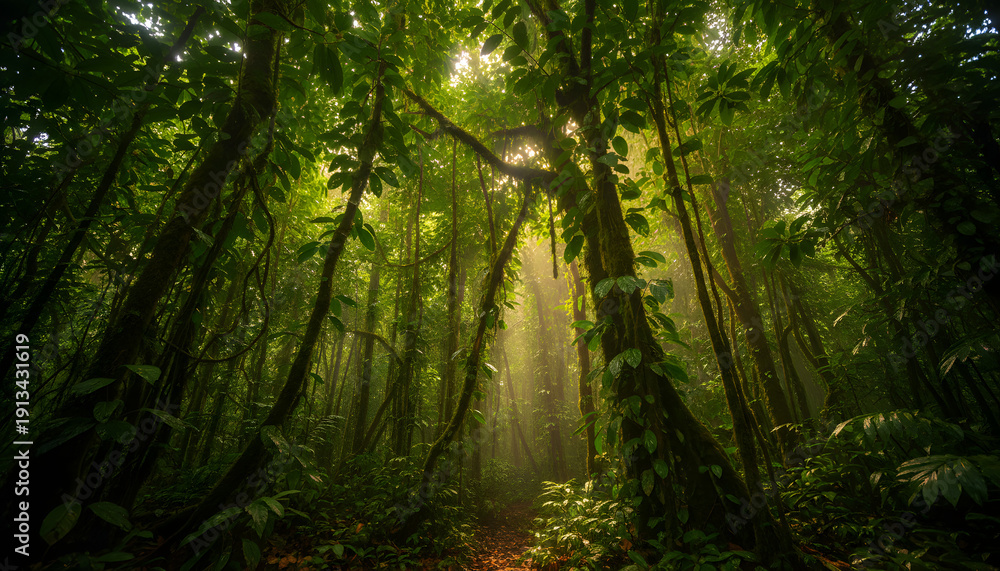 Naklejka premium Magical Jungle Path: Vibrant Sunbeams Penetrating Dense Tropical Rainforest Canopy, Creating a Mystical and Serene Natural Landscape.
