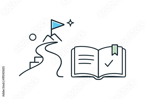 Goal-oriented personal development and steady self-improvement in everyday life management, a small upward path leading to a flag paired with a notebook symbolizing intentional