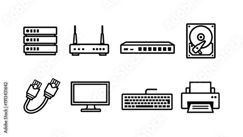 Tech Infrastructure in outline style: server, router, switch, hard drive, cable, monitor, keyboard, printer.