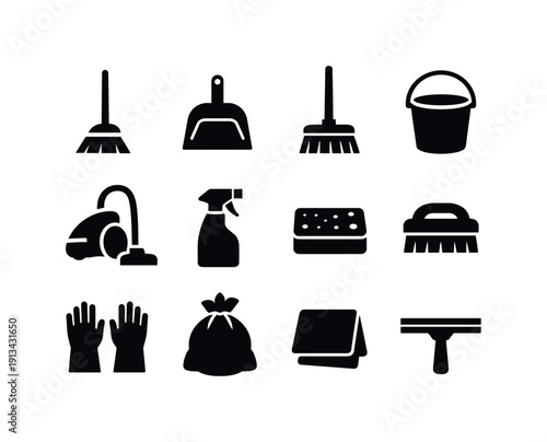 Cleaning supplies: broom, dustpan, mop, bucket, vacuum cleaner, spray bottle, sponge, scrub brush, rubber gloves, trash bag, cleaning cloth, squeegee.