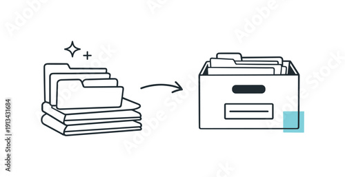 Efficient file organization and digital decluttering in a modern work environment highlighting simplicity and order, neatly stacked folders flowing into a single archive box
