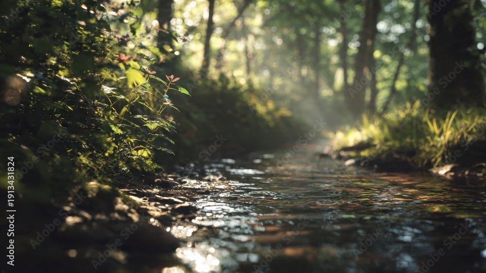 Obraz premium Sunlit Stream in Forest