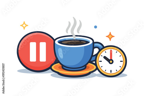 Intentional work breaks and productivity recovery during a busy day focused on sustaining energy and attention, a simple pause button paired with a coffee cup and a small clock as