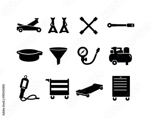 Garage automotive tools: car jack, jack stand, lug wrench, torque wrench, oil drain pan, funnel, tire pressure gauge, air compressor, work light, tool cart, creeper board, tool