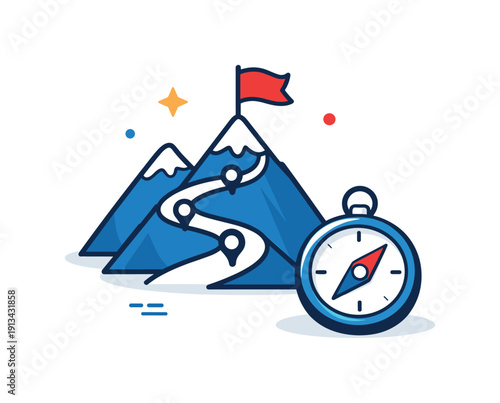 Strategic business planning and long-term goal setting for professional growth, a mountain path paired with a flag and a compass representing direction, milestones, and clear