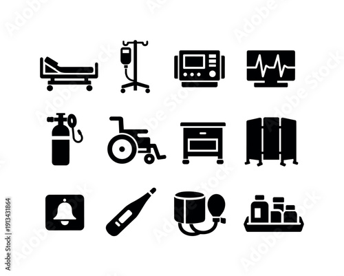 Hospital ward equipment: hospital bed, IV stand, infusion pump, heart monitor, oxygen tank, wheelchair, bedside table, privacy screen, call button, thermometer, blood pressure cuff