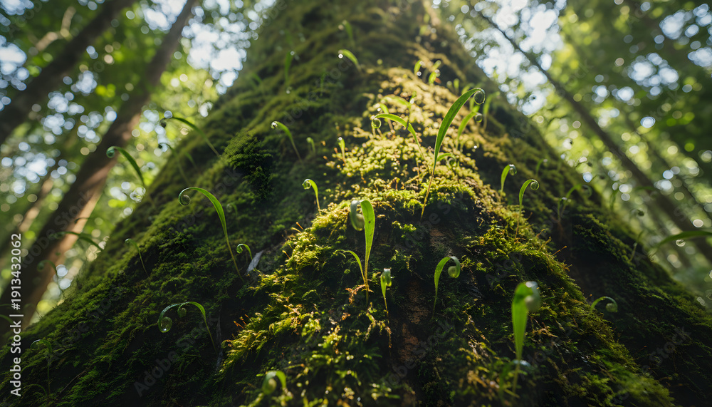 Fototapeta premium Low Angle View of Vibrant Green Moss and Unfurling Fern Fronds on a Giant Tree Trunk in a Sunlit Rainforest