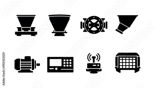 Smart industrial dosing icon set showing gravimetric feeder, weighing hopper, rotary valve, discharge chute, drive motor, control interface, sensor module, safety guard arranged in