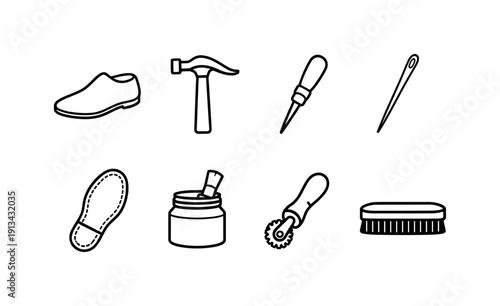 Shoe repair tools: shoe last, cobbler hammer, awl, stitching needle, leather sole, glue pot, edge trimmer, polishing brush.