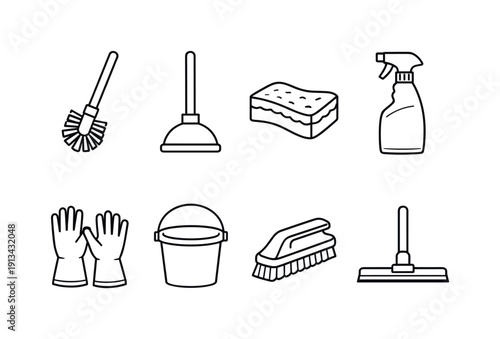 Home bathroom cleaning supplies: toilet brush, plunger, scrub sponge, spray bottle, rubber gloves, bucket, grout brush, floor squeegee.