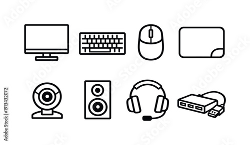 Office computer peripherals: desktop monitor, keyboard, mouse, mouse pad, webcam, speaker, headset, usb hub.