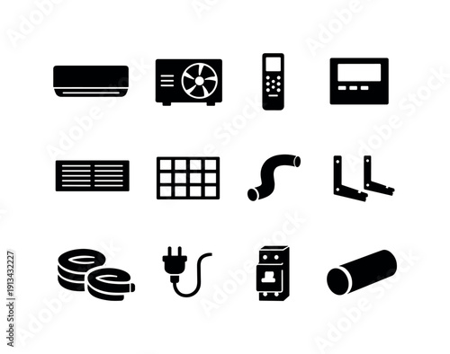 Home air conditioning system: wall air conditioner, outdoor condenser, remote control, thermostat, air vent, filter panel, drain hose, mounting bracket, insulation pipe, power