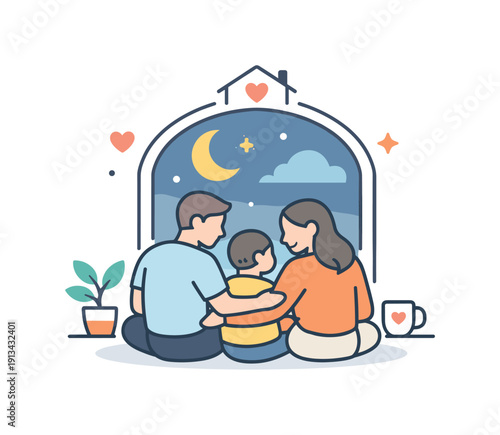 Calm family evening routine emphasizing togetherness and rest at the end of the day, two adults and a child sitting close near a window with soft night sky elements symbolizing