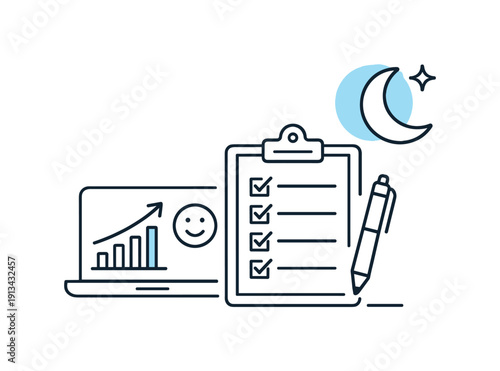 Calm end-of-day work review and intentional closure in a modern professional routine where progress is acknowledged, a completed checklist paired with a small moon icon symbolizing