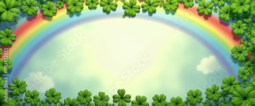 Gentle breeze sways clover leaves beneath a vibrant rainbow, with clouds drifting slowly, captured in a cinematic slow pan, evoking a serene, nature-inspired ambiance.