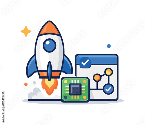 AI first startup strategy and rapid product iteration for founders building scalable digital solutions in competitive markets, a rocket combined with a small circuit board and a