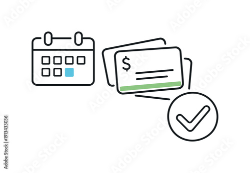 Subscription management and recurring expense control in everyday digital life focused on clarity, a calendar combined with stacked cards and a checkmark symbolizing organized