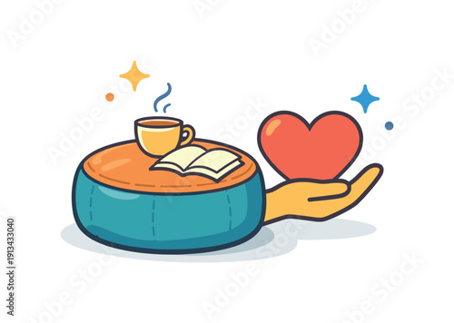 Everyday emotional comfort through creating a small personal ritual for rest at home, a soft pouf paired with a heart icon symbolizing safety and self support, communicating