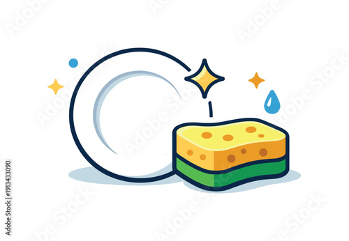 Calm daily habit of keeping the kitchen clean and manageable after everyday meals, a sponge paired with a single plate representing light cleanup and order, expressing simplicity,